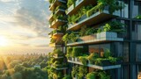 Fototapeta  - Modern and eco-friendly skyscrapers with many trees on each balcony. Modern architecture, vertical gardens, terraces with plants