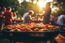 Summer Barbecue Party Atmosphere With Friends Enjoying Backyard Cookout