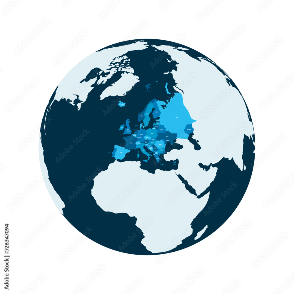 Political map of Europe. Blue colored land with country name labels on ...