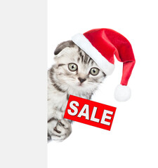 Aufkleber - Cute tiny kitten wearing red christmas hat shows signboard with labeled 