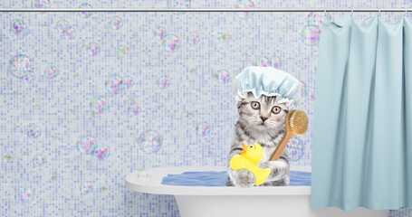 Aufkleber - Cute kitten wearing shower cap takes the bath at home with rubber duck and shower brush. Empty space for text