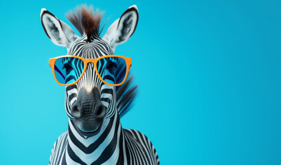 stylish zebra with orange sunglasses on a blue background