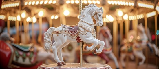 A white horse carousel that brings back childhood memories, serving as a decorative or display item.