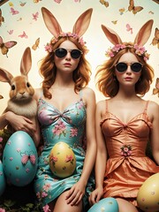 Wall Mural - Girls with easter bunny and easter eggs