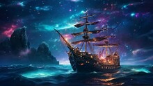 Pirate Ship Sailing Into A Bioluminescence Sea With A Galaxy In The Sky