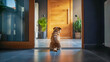 un chien attend ses maîtres en fixant la porte d'entrée de la maison