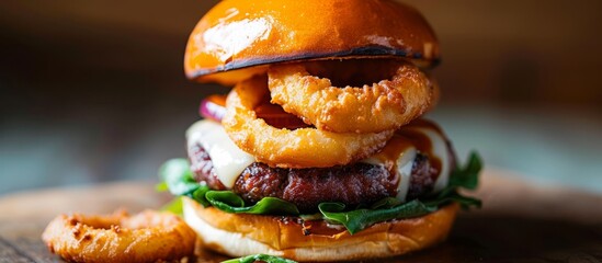 Sticker - Close-up shot of a mini burger topped with melted cheese and onion rings