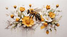 Bee On Flower In  White Background Oil Painting