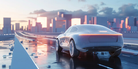 Wireframe Car Concept on Urban Road with Futuristic Cityscape