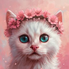 Wall Mural - white cat with a wreath of pink flowers on her head with big green eyes