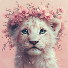 Wall Mural - white lion with a wreath of pink flowers on her head with big green eyes on a pastel pink background