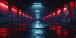 Red Lit Underground Tunnel with Reflective Wet Road