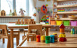 © VISIONARTIST - Montessori early education. Kindergarten, preschool classroom interior with wooden furniture, educational material, wooden educational toys.