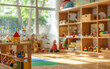 © VISIONARTIST - Montessori early education. Kindergarten, preschool classroom interior with wooden furniture, educational material, wooden educational toys.