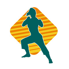 Silhouette of a slim female doing martial art pose. Silhouette of a martial art woman in action pose.