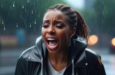 Wall Mural - upset black woman screaming, crying at street under rain. shock and emotional breakdown, depression.