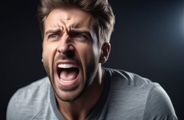 Poster - upset Caucasian man screaming, crying outdoors. shock and emotional breakdown, depression.