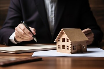 Professional Real Estate Agent Signing Contract With Miniature House Model on Desk