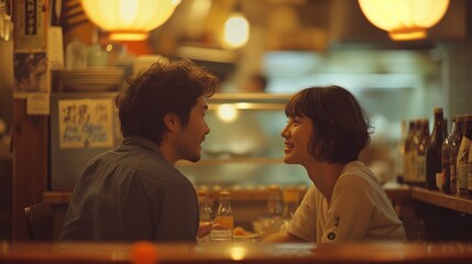 At a Sushi restaurant, a man and a woman are dining