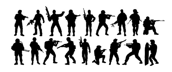 Silhouettes of soldiers. Special forces, armed military. A soldier stands guard, Rangers at the border. Vector isolated background.