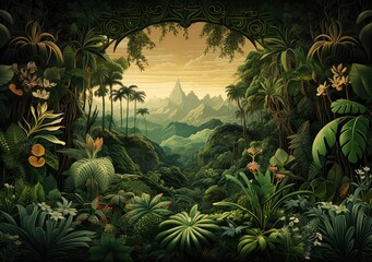 Wall Mural - Wallpaper in watercolor style. Jungle landscape.