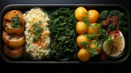 Wall Mural - Healthy food from different components laid out in cells in a lunch box, top view.