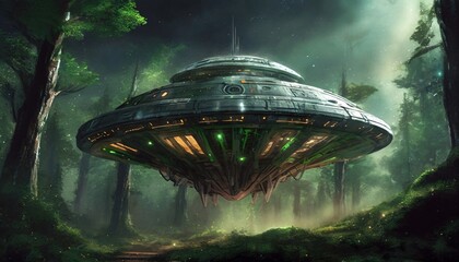 Wall Mural - Flying alien saucer in the dark forest. UFO floating in the air. Extraterrestrial spaceship.