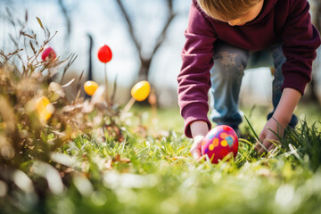 Child playing egg hunt on Easter