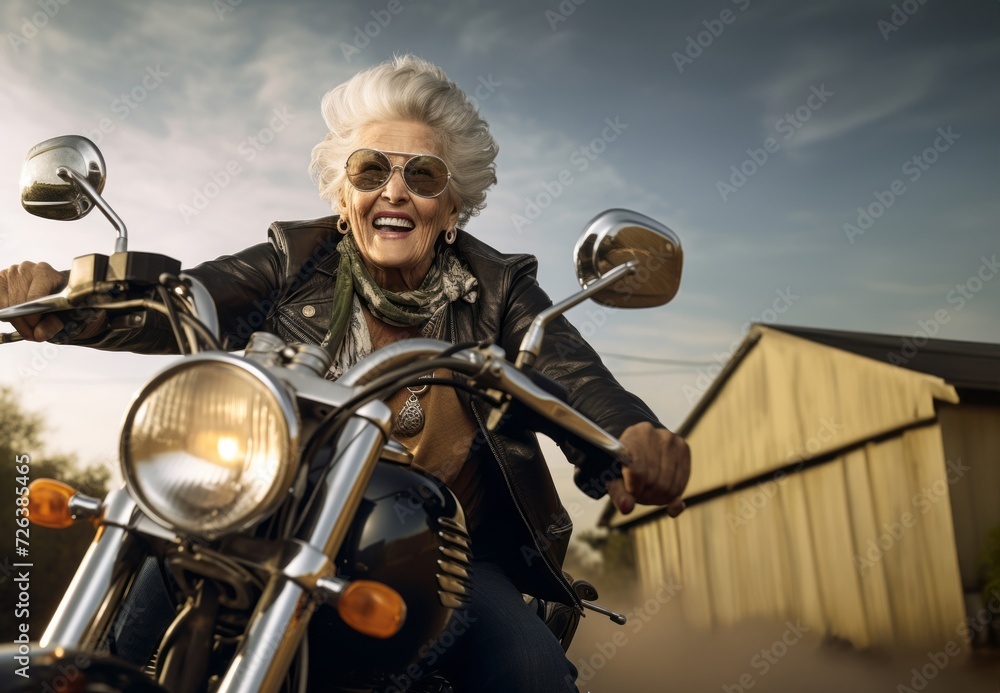 Old Person Riding Motorcycle An adventurous elderly woman embraces a modern lifestyle as she travels ...