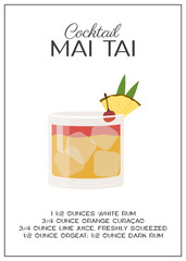 Wall Mural - Mai Tai Cocktail garnished with pineapple slice and cherry. Classic alcoholic beverage recipe. Summer aperitif poster. Minimalist trendy print with alcoholic drink. Vector flat illustration.