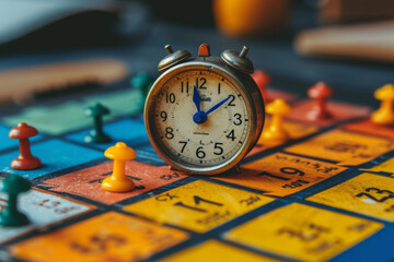 vintage alarm clock placed on a colorful board game with scattered game pieces, depicting leisure and strategy