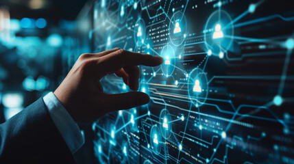 Wall Mural - Businessman touching virtual display to connect digital software of network services. Digital future. Generative AI