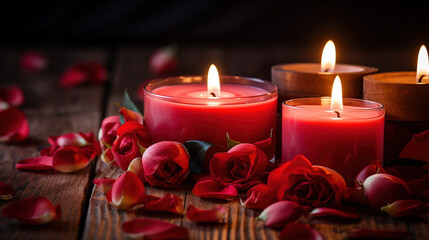 Wall Mural - Ignite romance with candles, let the soft glow dance on roses. A perfect symphony of warmth and passion. Elevate your moments with the allure of candlelight and the fragrance of roses