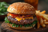 Fototapeta Sport - mouth-watering gourmet burger with bacon, cheese, and tomato, served with golden fries on a rustic wooden board