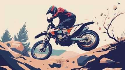 Wall Mural - Motocross. Man, professional motorcyclist in full moto equipment riding crops enduro bike on mountain road at sunset. Generative AI. Concept of motosport, speed, hobby, journey, activity. In action