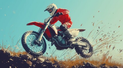 Wall Mural - Motocross. Man, professional motorcyclist in full moto equipment riding crops enduro bike on mountain road at sunset. Generative AI. Concept of motosport, speed, hobby, journey, activity. In action