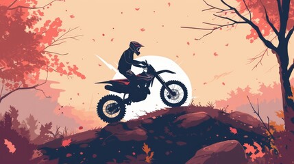 Wall Mural - Motocross. Man, professional motorcyclist in full moto equipment riding crops enduro bike on mountain road at sunset. Generative AI. Concept of motosport, speed, hobby, journey, activity. In action