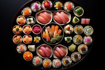 artistic sushi array on a circular platter.