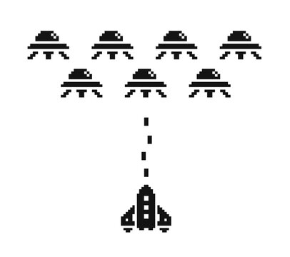 Pixel art spaceship vs. aliens , 1-bit black and white icon set. Mobile application game design. Isolated vector illustration