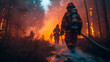 A fire brigade in protective suits extinguishes a fire in the forest, everything is burning around, there is a lot of fire and smoke
