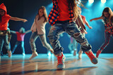 Happy children in stylish clothes dancing in choreography class