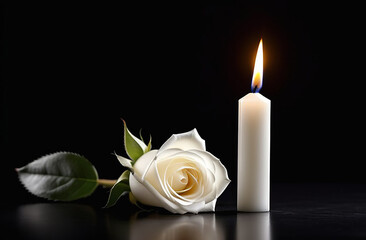 Wall Mural - Candle with a white rose on a black background.