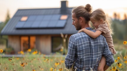 Canvas Print - Rear view of dad holding her little girl in arms and showing at their house with installed solar panels. 