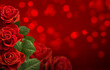 Valentine's Day card with roses bouquet on abstract red background with glowing bokeh and empty copy space.