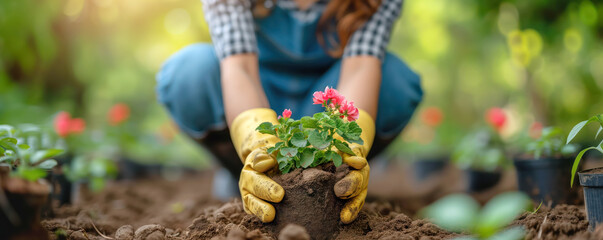 Wall Mural - Woman planting flower seedlings in freshly dug soil. Gardening concept.