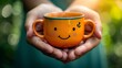© Ilja - Joyful morning with hands holding a coffee cup and a happy face, spreading positivity.