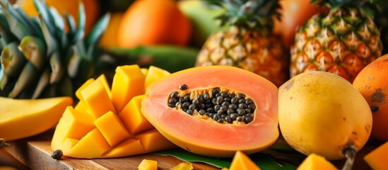 Sticker - Tropical fruits like papaya, mango, and pineapple in a square photo.