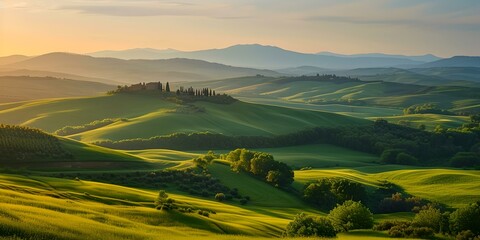 Peaceful rolling hills at sunrise, lush greenery and trees. ideal for tranquil nature scenes. rural landscape and outdoor beauty in nature. AI