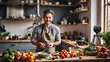 © bluebeat76 - A food content creator in a kitchen smiles, wearing shirt and apron, preparing a meal with fresh fruits, vegetables and ingredients.