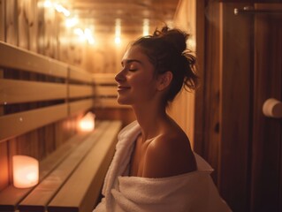 Wall Mural - Beautiful young woman in sauna, relaxing atmosphere